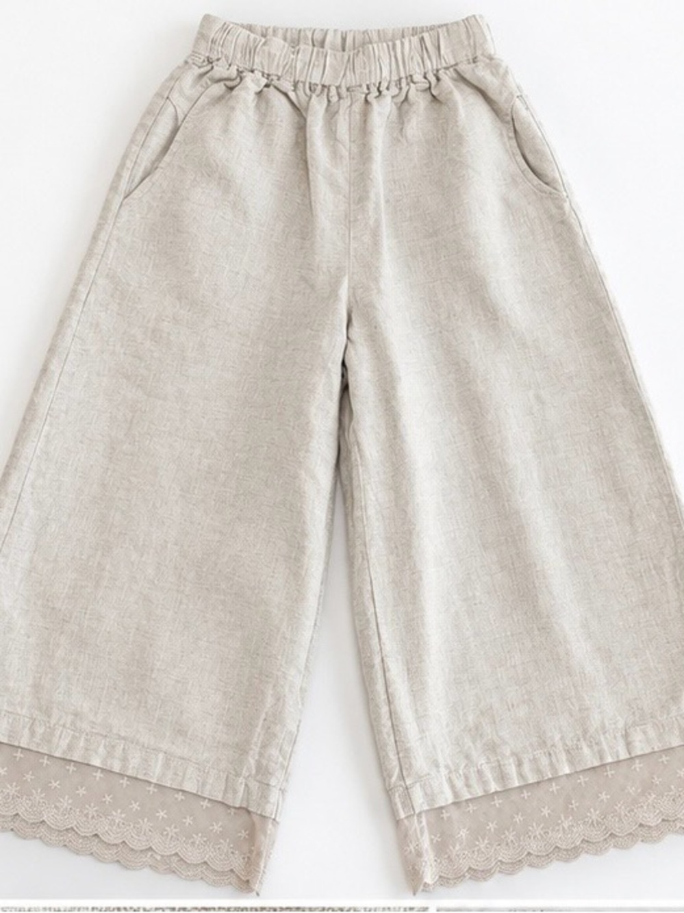 Vintage Cotton Linen Blend Crop Palazzo Pants Scalloped Eyelet Lace Hem